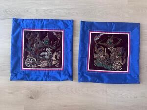 Pair of Vintage Ramakien Thai Blue Silk Throw Pillow Cushion Covers